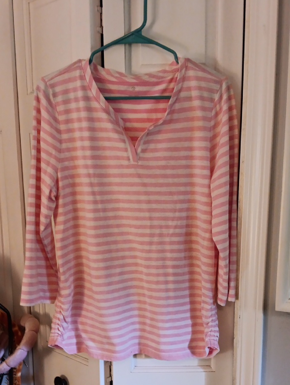 Talbots Pink and White Striped Long-Sleeve Split-Neck Top